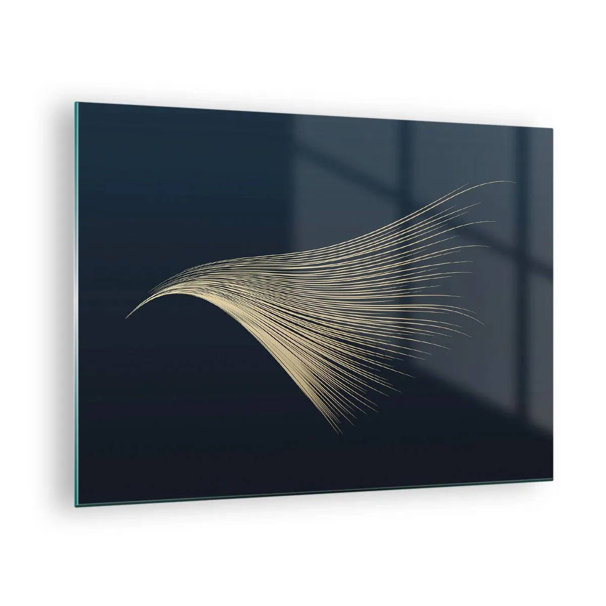 Tablou pe sticlă - O linie aurie care seamănă cu o aripă pe un fundal bleumarin - 70x50cm - Ca părul unui înger - Decorațiune modernă pentru perete pentru living și dormitor ARTTOR
