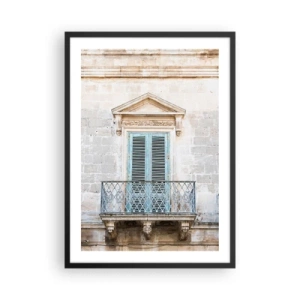 Poster în ramă neagră - Balcon istoric cu obloane albastre în stil mediteranean - 50x70cm - Farmecul unic italian - Decorațiune modernă pentru perete pentru living și dormitor ARTTOR