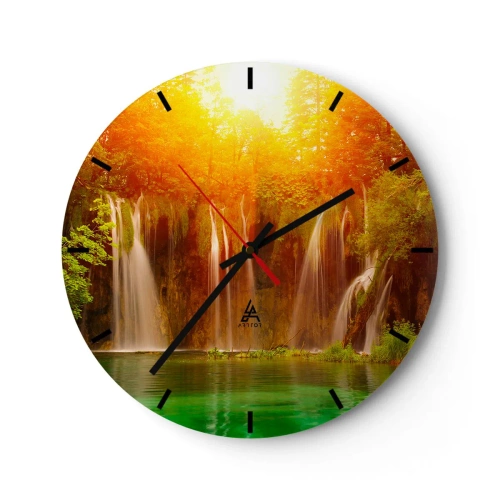 Ceas de perete - Ceas pe sticlă - Cascade pitorești în lumina soarelui care apune - 30x30cm - La soare și la umbră - Decorațiune modernă pentru perete pentru living, bucătărie și dormitor ARTTOR