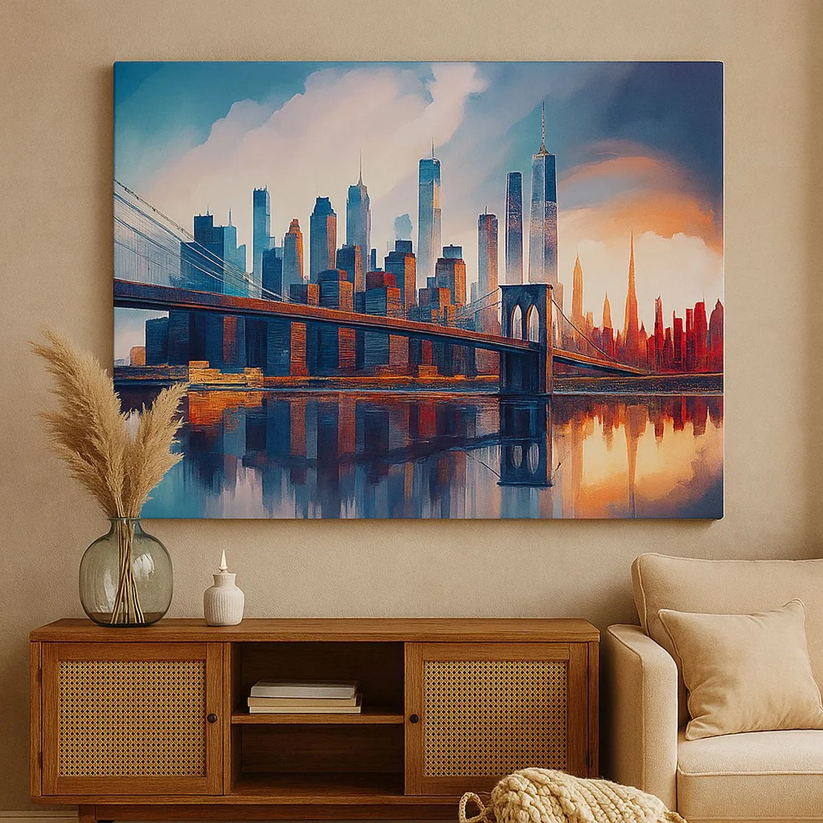 Tablou pe pânză Canvas - Panoramă a orașului New York cu pod și reflexie în apă - 70x50cm - New York fenomenal - Decorațiune modernă pentru perete pentru living și dormitor ARTTOR