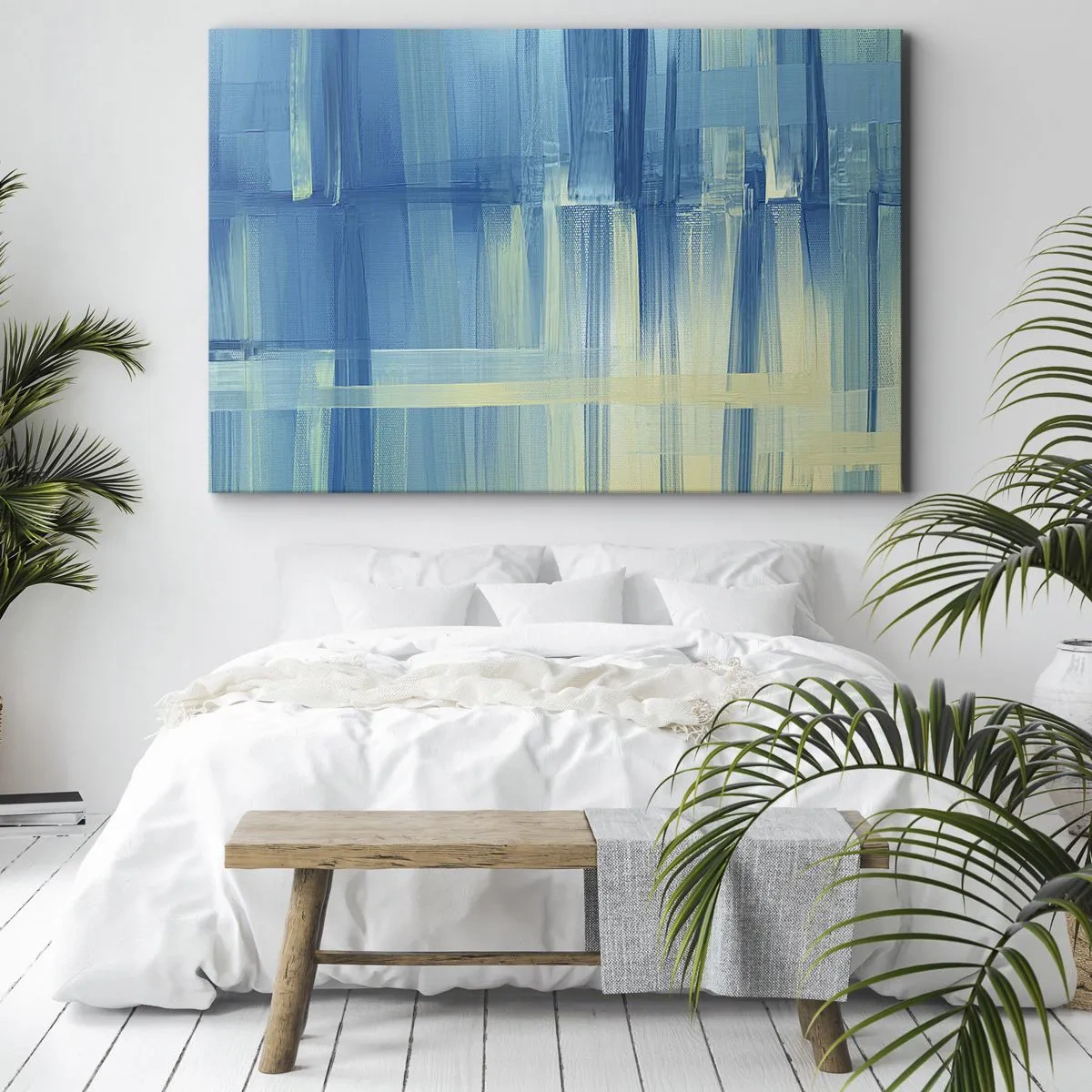 Tablou pe pânză Canvas - O pictură abstractă în nuanțe de turcoaz și albastru, cu tușe geometrice. - 70x50cm - Compoziție în turcoaz - Decorațiune modernă pentru perete pentru living și dormitor ARTTOR