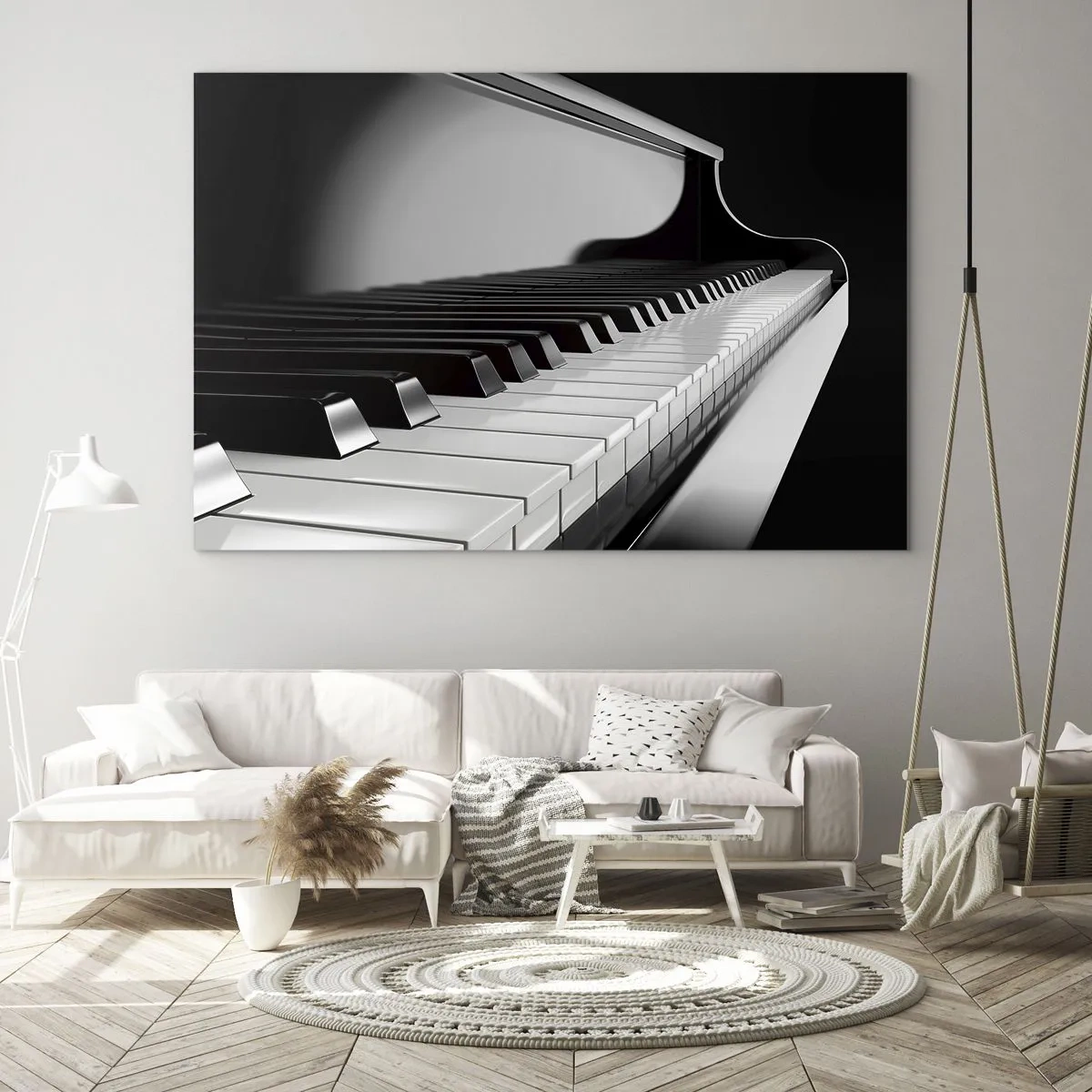 Tablou pe sticlă - Claviatură de pian alb-negru în perspectivă - 70x50cm - Armonia formelor și a culorilor - Decorațiune modernă pentru perete pentru living și dormitor ARTTOR