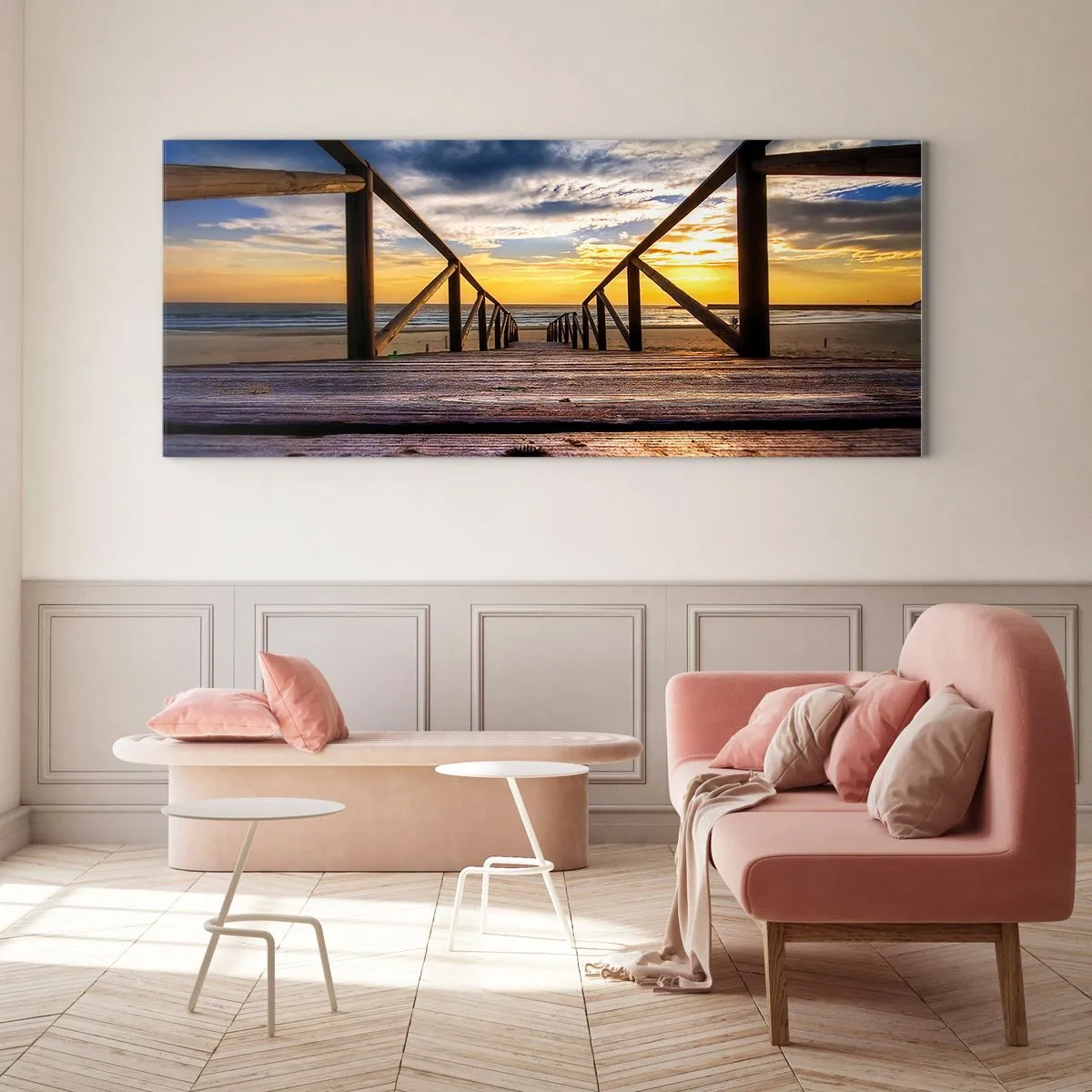 Tablou pe sticlă - Direct la o plajă liniștită la apus de soare - 90x30 cm