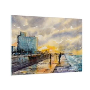 Tablou pe sticlă - Oraș de coastă în acuarelă cu apus de soare - 70x50cm - Viața pe țărm - Decorațiune modernă pentru perete pentru living și dormitor ARTTOR