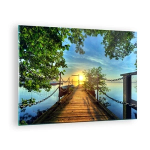 Tablou pe sticlă - Un dig cu vedere la apusul de soare peste lac - 70x50cm - Apusul la malul apei - Decorațiune modernă pentru perete pentru living și dormitor ARTTOR