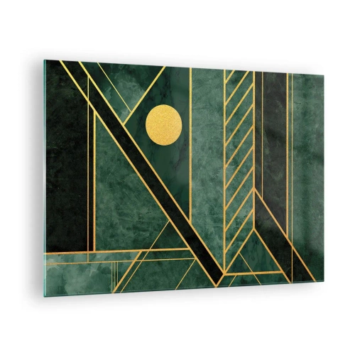 Tablou pe sticlă - Abstracție geometrică verde și aurie în stil Art Deco - 70x50cm - Dinamica aurului și a azurului - Decorațiune modernă pentru perete pentru living și dormitor ARTTOR