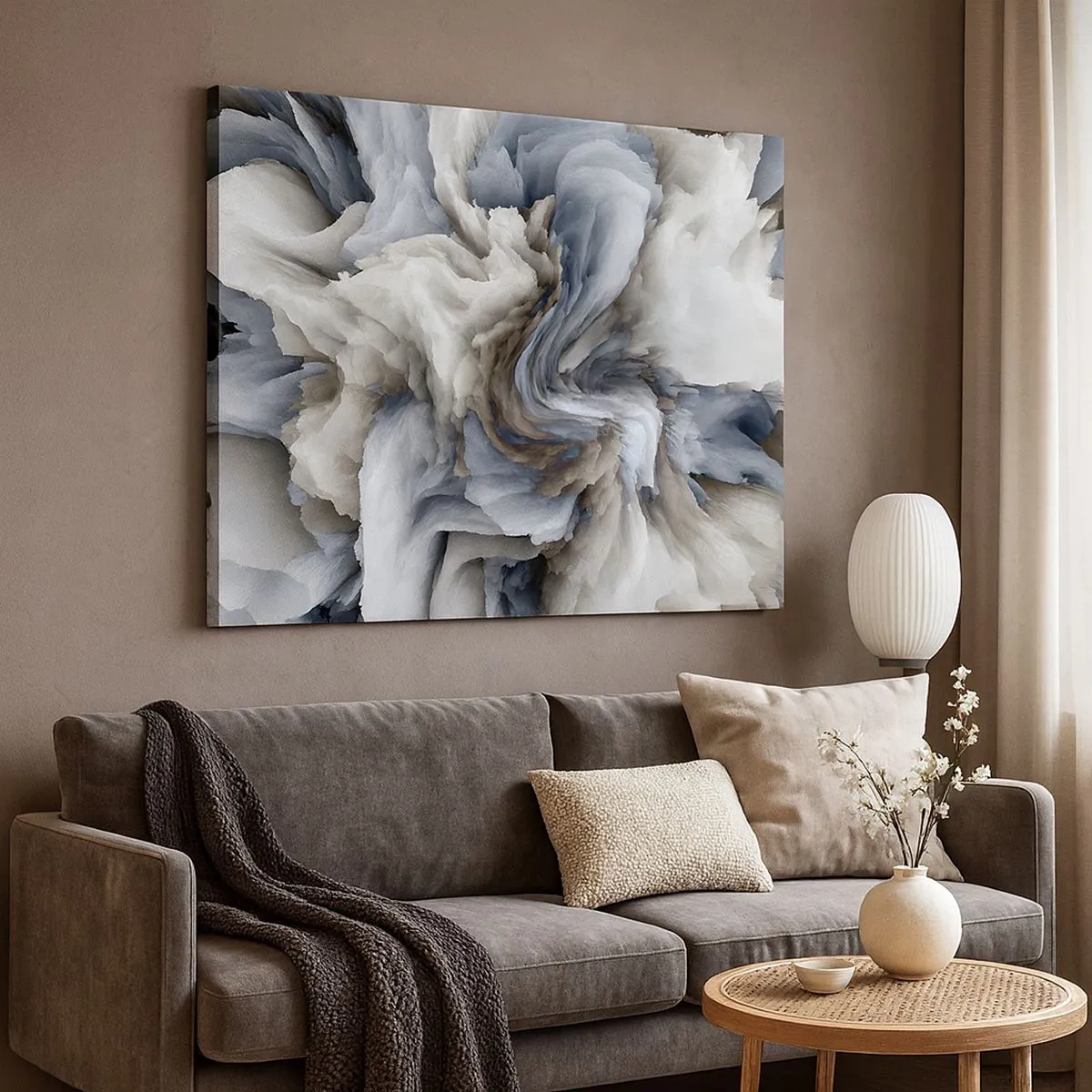 Tablou pe pânză Canvas - Vârtej abstract în nuanțe de gri și albastru - 70x50cm - Piatră și floare - Decorațiune modernă pentru perete pentru living și dormitor ARTTOR