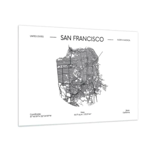 Tablou pe sticlă - O hartă stradală minimalistă a orașului San Francisco - 70x50cm - Anatomia San Francisco - Decorațiune modernă pentru perete pentru living și dormitor ARTTOR