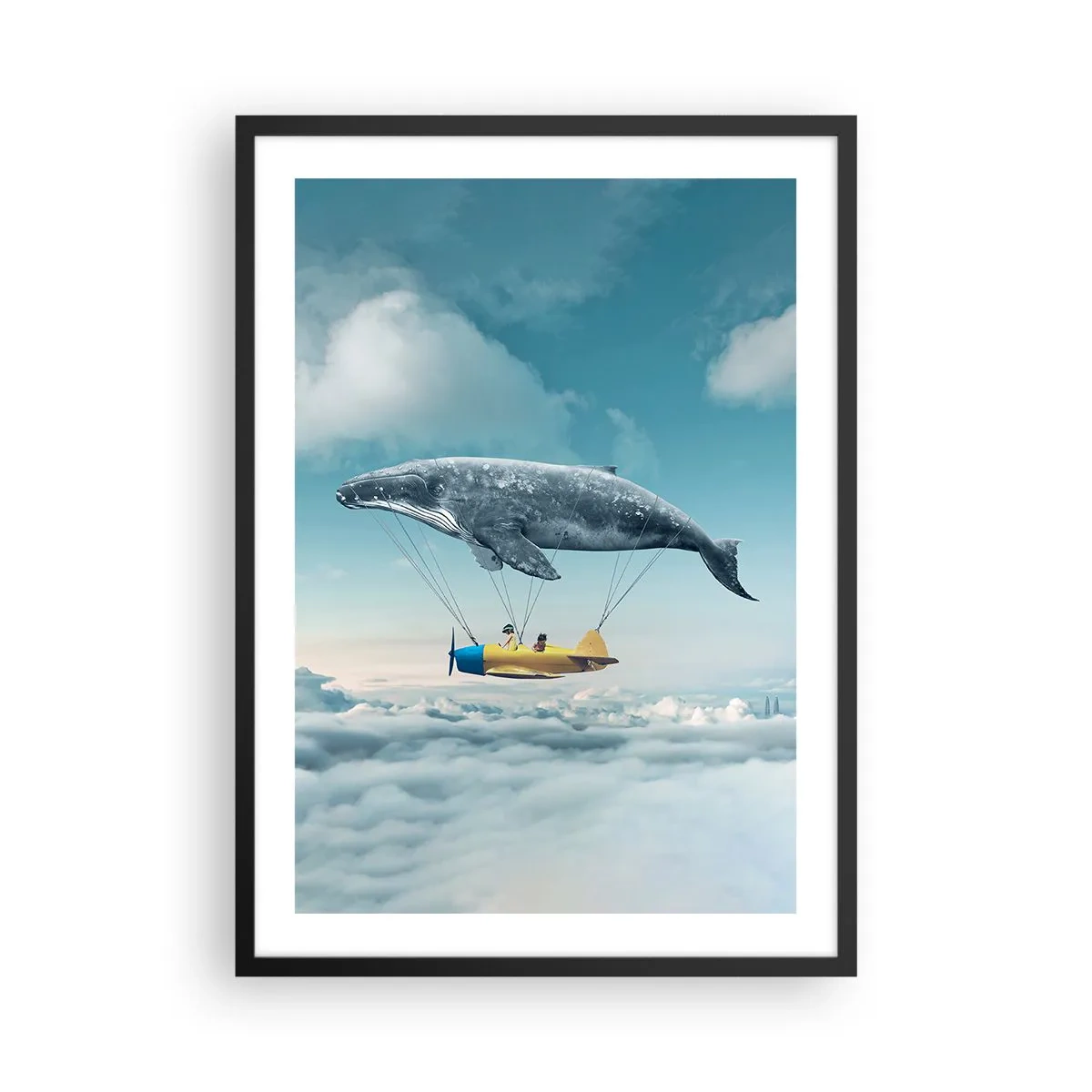 Poster în ramă neagră - O imagine fantastică a unei balene ridicând un avion deasupra norilor. - 50x70cm - De ce nu? - Decorațiune modernă pentru perete pentru living și dormitor ARTTOR