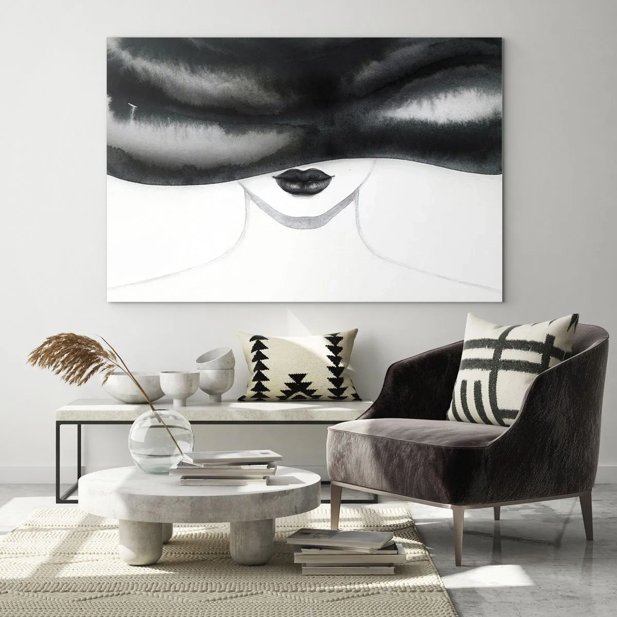 Tablou pe sticlă - Față misterioasă cu ochii acoperiți în acuarelă alb-negru - 70x50cm - Un mister senzual - Decorațiune modernă pentru perete pentru living și dormitor ARTTOR
