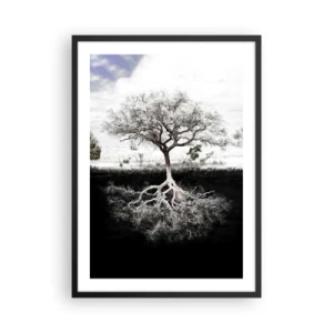 Poster în ramă neagră - Un copac minimalist cu un sistem radicular vizibil - 50x70cm - Descoperire - Decorațiune modernă pentru perete pentru living și dormitor ARTTOR