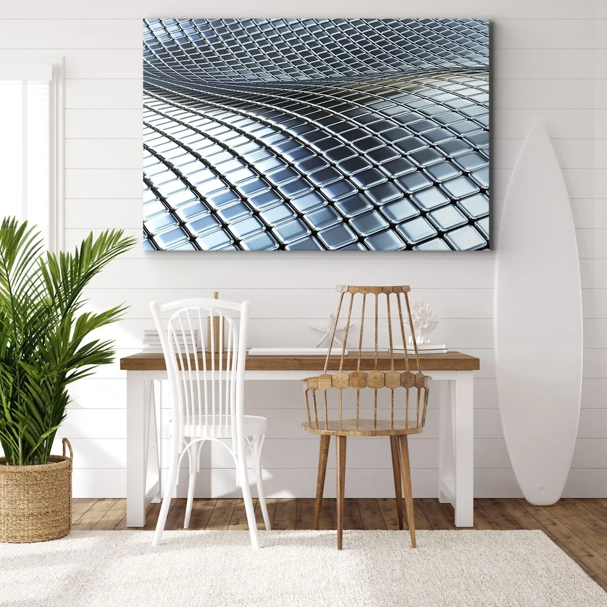 Tablou pe pânză Canvas - Structură modernă realizată din pătrate metalice - 70x50cm - Val metalic argintiu - Decorațiune modernă pentru perete pentru living și dormitor ARTTOR