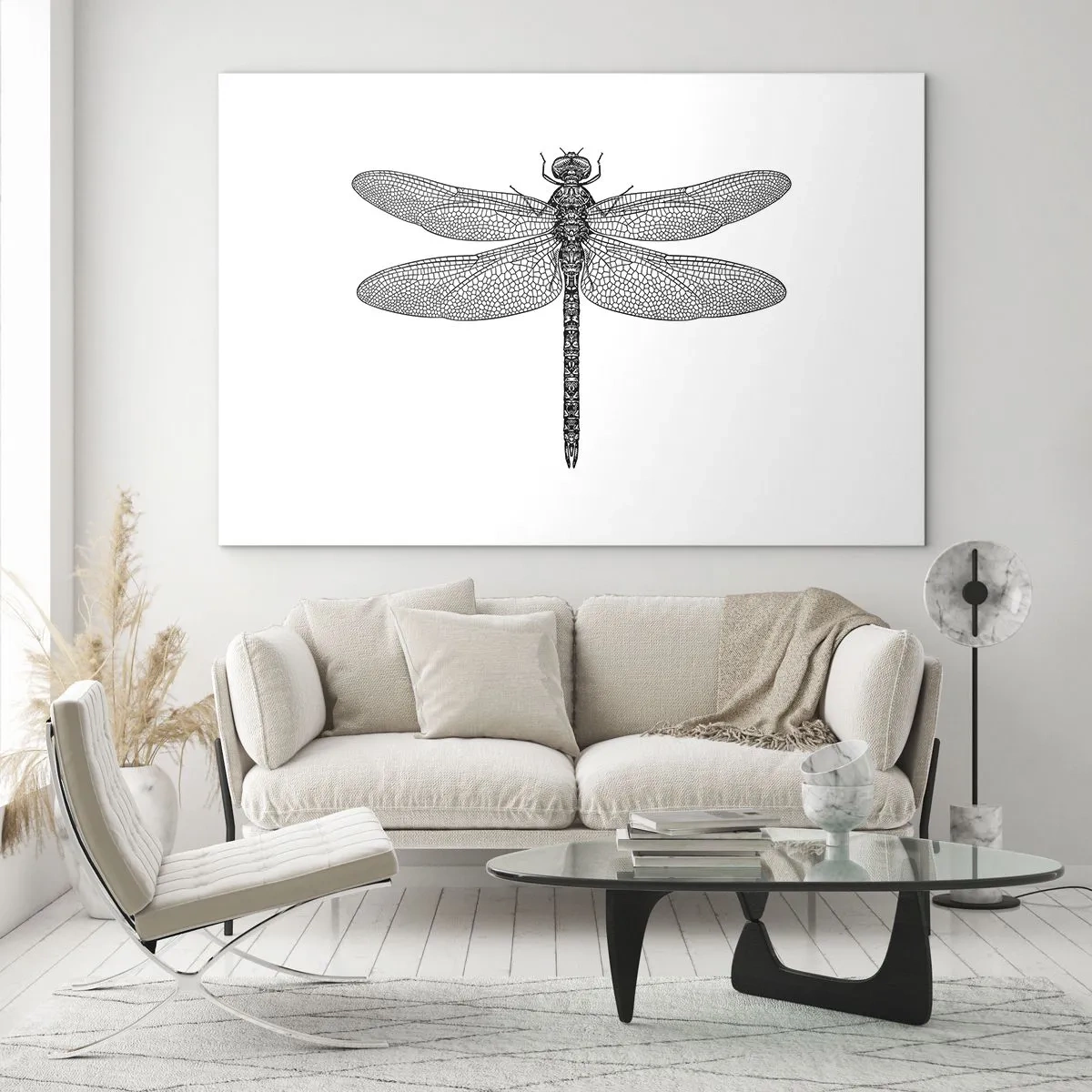 Tablou pe sticlă - Ilustrație detaliată a unei libelule în stil gravură pe fundal alb - 70x50cm - Precizia naturii - Decorațiune modernă pentru perete pentru living și dormitor ARTTOR