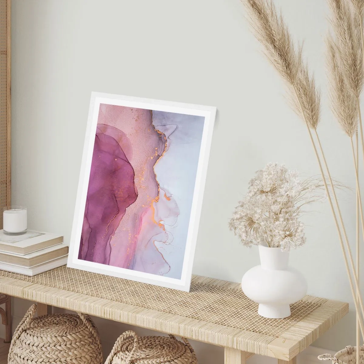 Poster în ramă albă - Valuri de liliac și violet - 40x50 cm