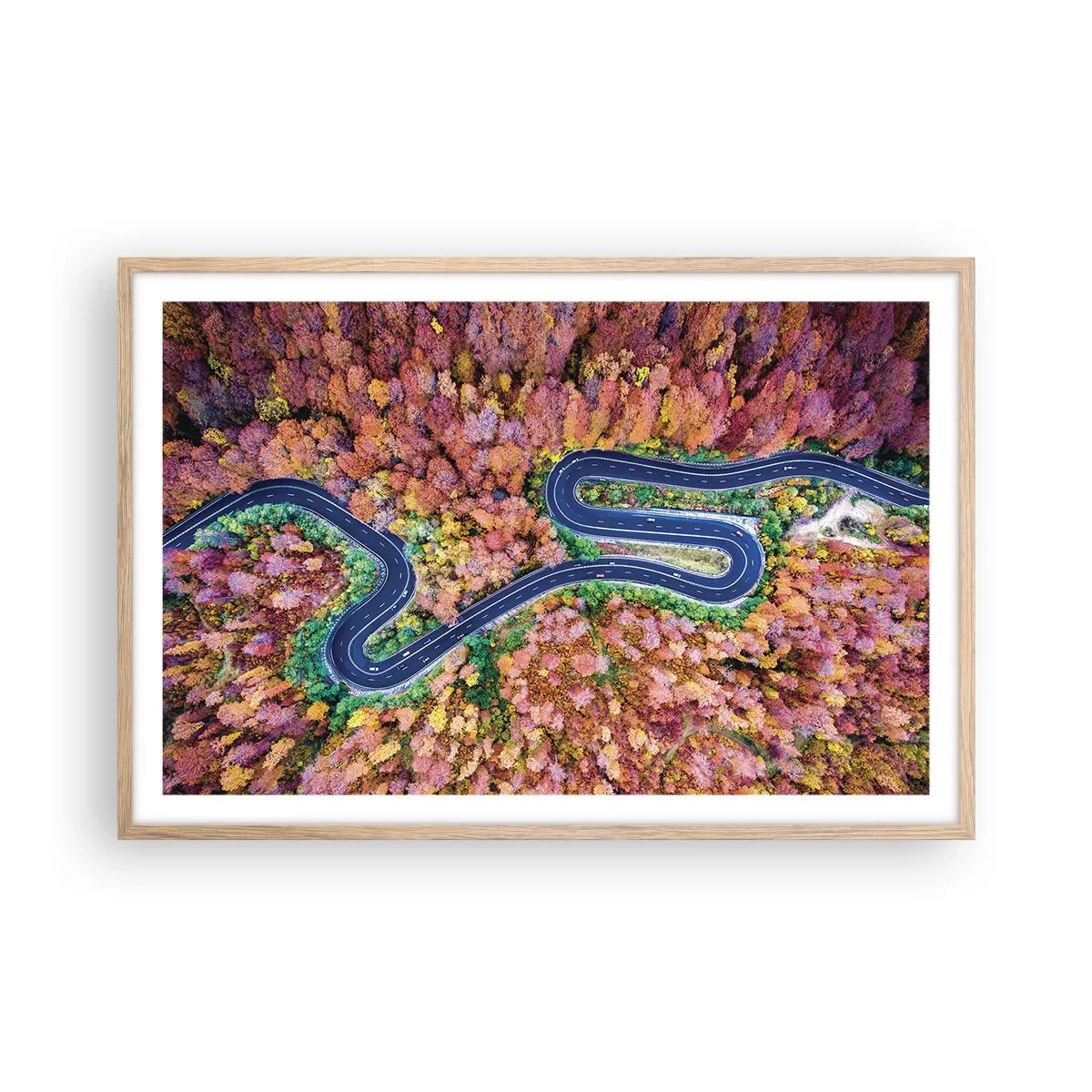 Poster în ramă de stejar deschis - Un drum șerpuit prin pădure - 91x61 cm