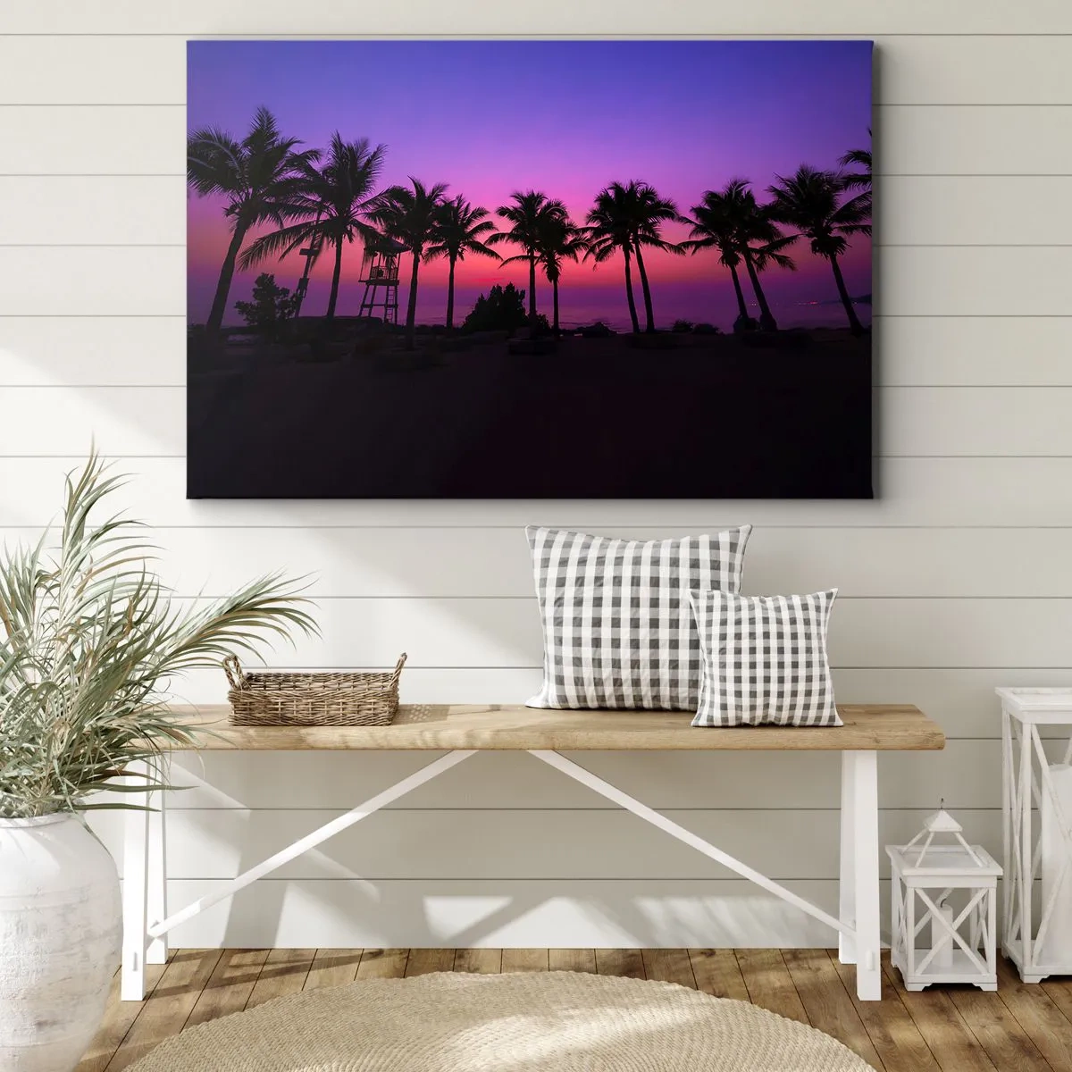Tablou pe pânză Canvas - Siluete de palmieri pe un cer roz-violet la apus - 70x50cm - O seară sub palmieri - Decorațiune modernă pentru perete pentru living și dormitor ARTTOR