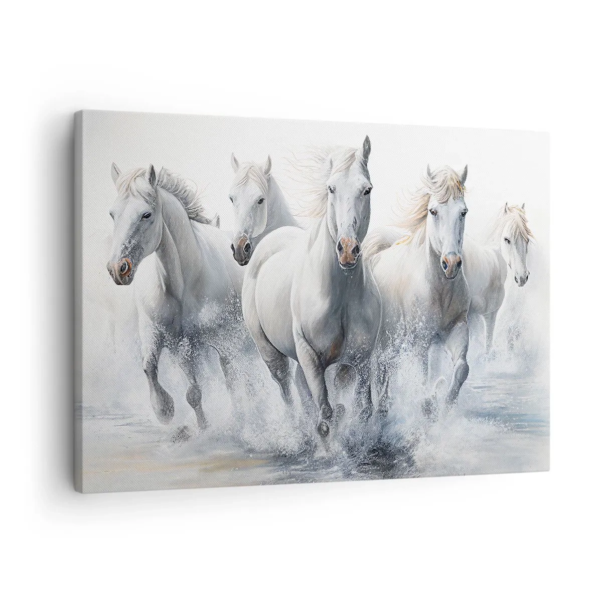 Tablou pe pânză Canvas - Cai albi galopând prin apă - 70x50cm - Magie albă - Decorațiune modernă pentru perete pentru living și dormitor ARTTOR