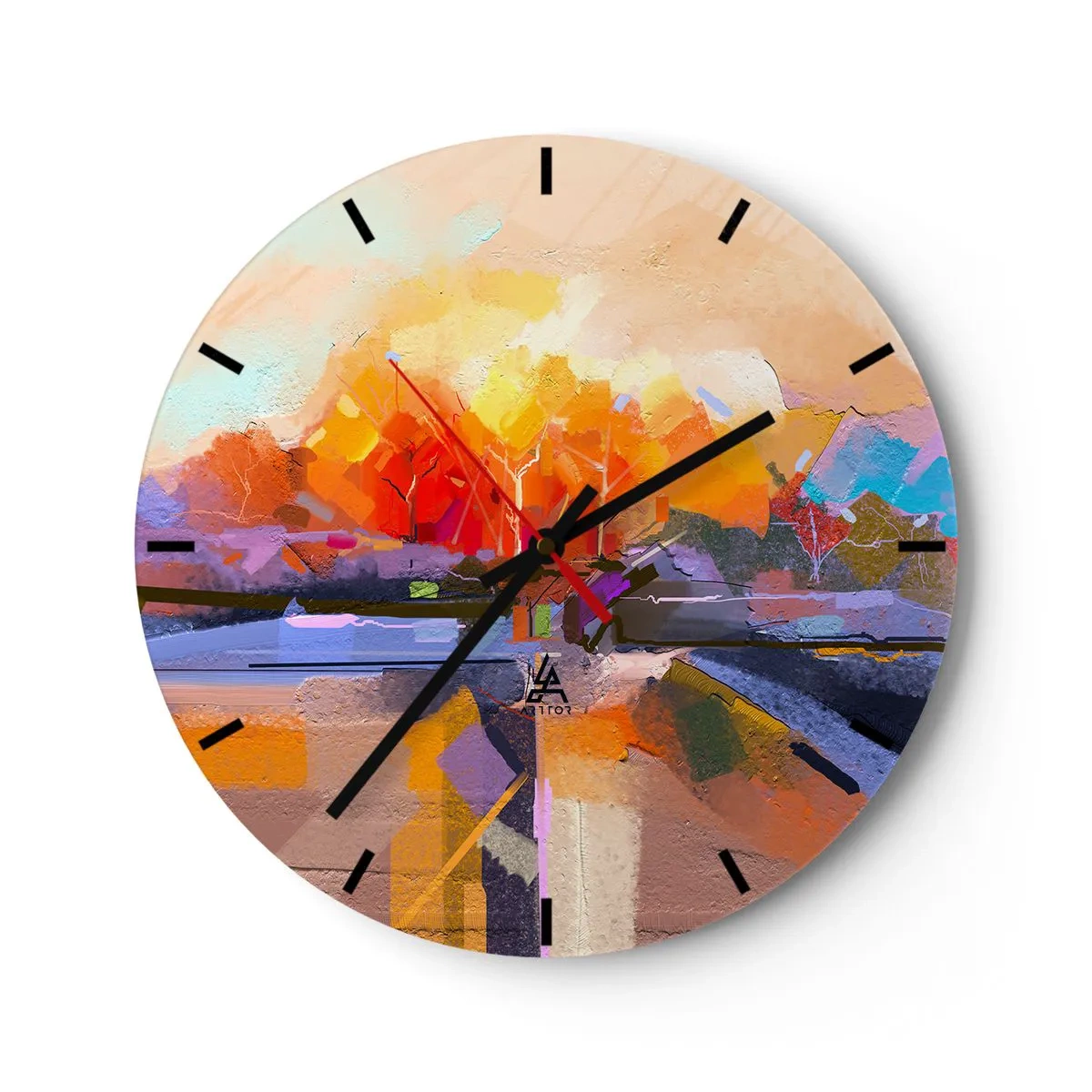 Ceas de perete - Ceas pe sticlă - Un peisaj abstract cu culori strălucitoare și calde. - 30x30cm - A devenit toamnă - Decorațiune modernă pentru perete pentru living, bucătărie și dormitor ARTTOR