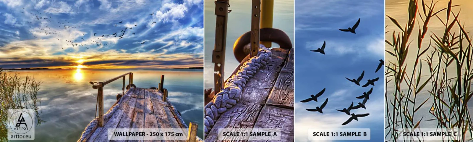 Mostră tapet autocolant Deluxe Sticker - Vântul se odihnește - Peisaj, Lac, Pod de lemn - 100x30 cm