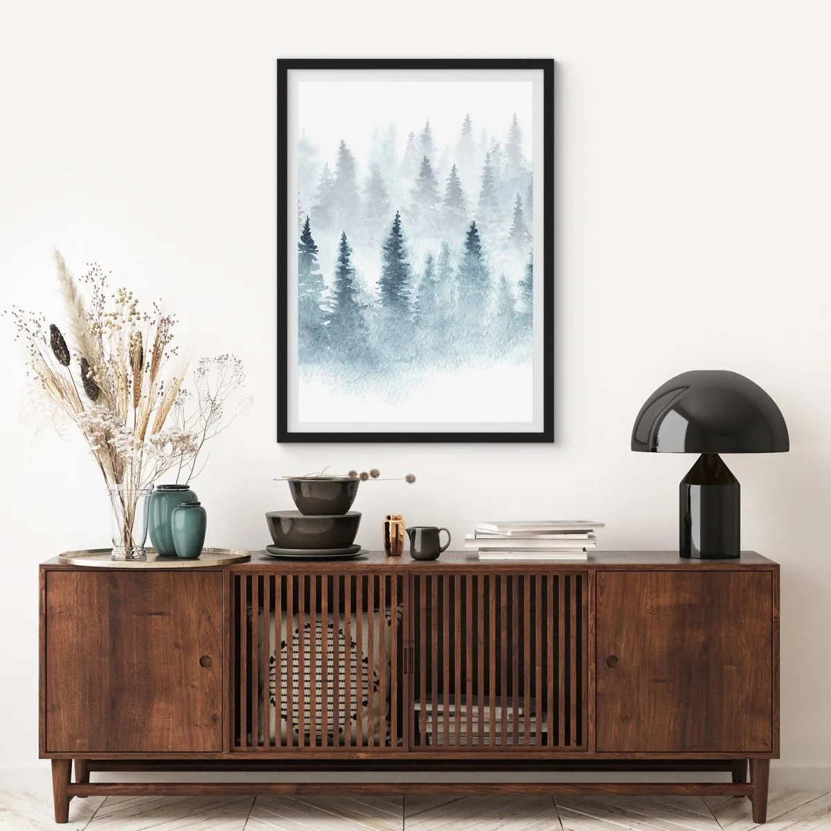 Poster în ramă neagră - Peisaj în acuarelă cu o pădure în ceață - 50x70cm - Înfășurate în ceață - Decorațiune modernă pentru perete pentru living și dormitor ARTTOR