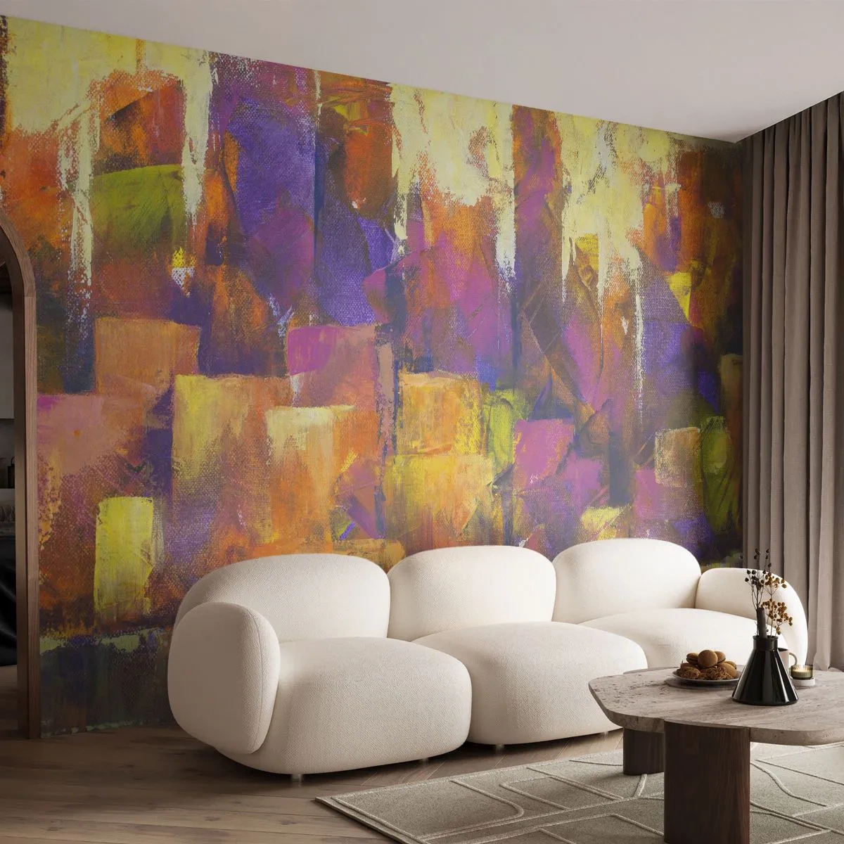 Tapet Standard Eco - Un oraș abstract în nuanțe de violet, portocaliu și auriu. - 100x70cm - Compoziția metropolitană - Decorațiune modernă pentru perete pentru living și dormitor ARTTOR