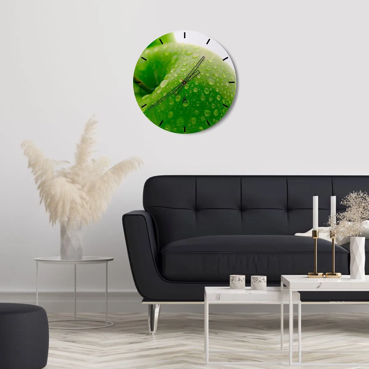Ceas de perete - Ceas pe sticlă - Un măr verde acoperit cu picături de apă - 30x30cm - Prospețime verde rece - Decorațiune modernă pentru perete pentru living, bucătărie și dormitor ARTTOR