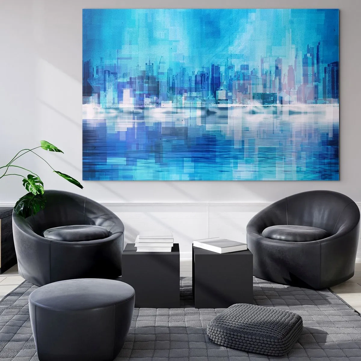 Tablou pe sticlă - O panoramă a orașului modern în nuanțe de albastru - 70x50cm - Înecate în albastru - Decorațiune modernă pentru perete pentru living și dormitor ARTTOR