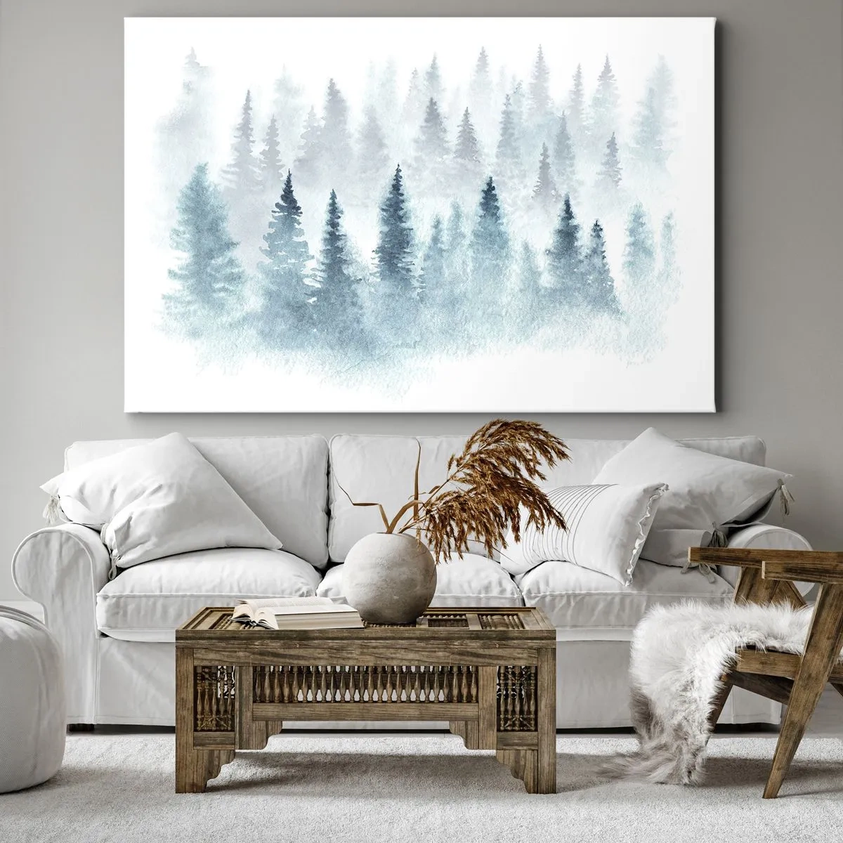 Tablou pe pânză Canvas - Păduri de conifere scăldate într-o ceață delicată - 70x50cm - Înfășurate în ceață - Decorațiune modernă pentru perete pentru living și dormitor ARTTOR