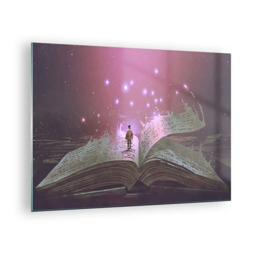 Tablou pe sticlă - O carte deschisă din care plutesc lumină magică și stele - 70x50cm - O invitație către o altă lume - citiți! - Decorațiune modernă pentru perete pentru living și dormitor ARTTOR