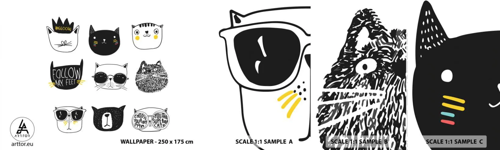 Mostră de Tapet Standard Eco - Fiecare este diferit - Pisică, Ilustrare, Grafică - 100x30 cm