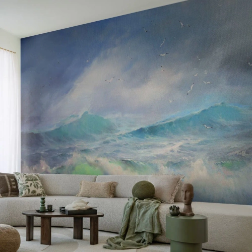 Tapet Premium Sand - Vârtejul a gemut de triumf... - Furtună, Val înalt, Păsări - 400x280 cm