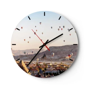 Ceas de perete - Ceas pe sticlă - Baloane plutind deasupra Cappadociei dimineața - 30x30cm - Ca niște nave pe cer - Decorațiune modernă pentru perete pentru living, bucătărie și dormitor ARTTOR