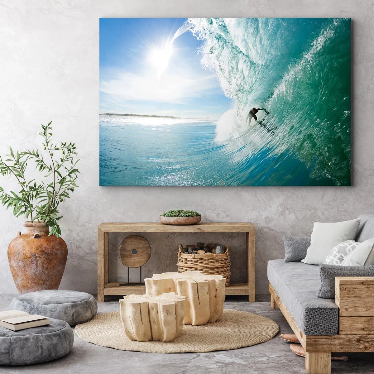 Tablou pe pânză Canvas - Un surfer călărind un val în lumina soarelui pe un cer albastru - 70x50cm - Întotdeauna pe val - Decorațiune modernă pentru perete pentru living și dormitor ARTTOR