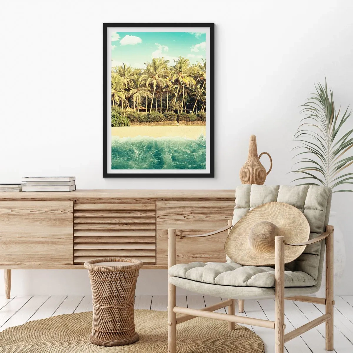 Poster în ramă neagră - Plajă tropicală cu palmieri și ape azurii - 50x70cm - Ce zici de aici? - Decorațiune modernă pentru perete pentru living și dormitor ARTTOR