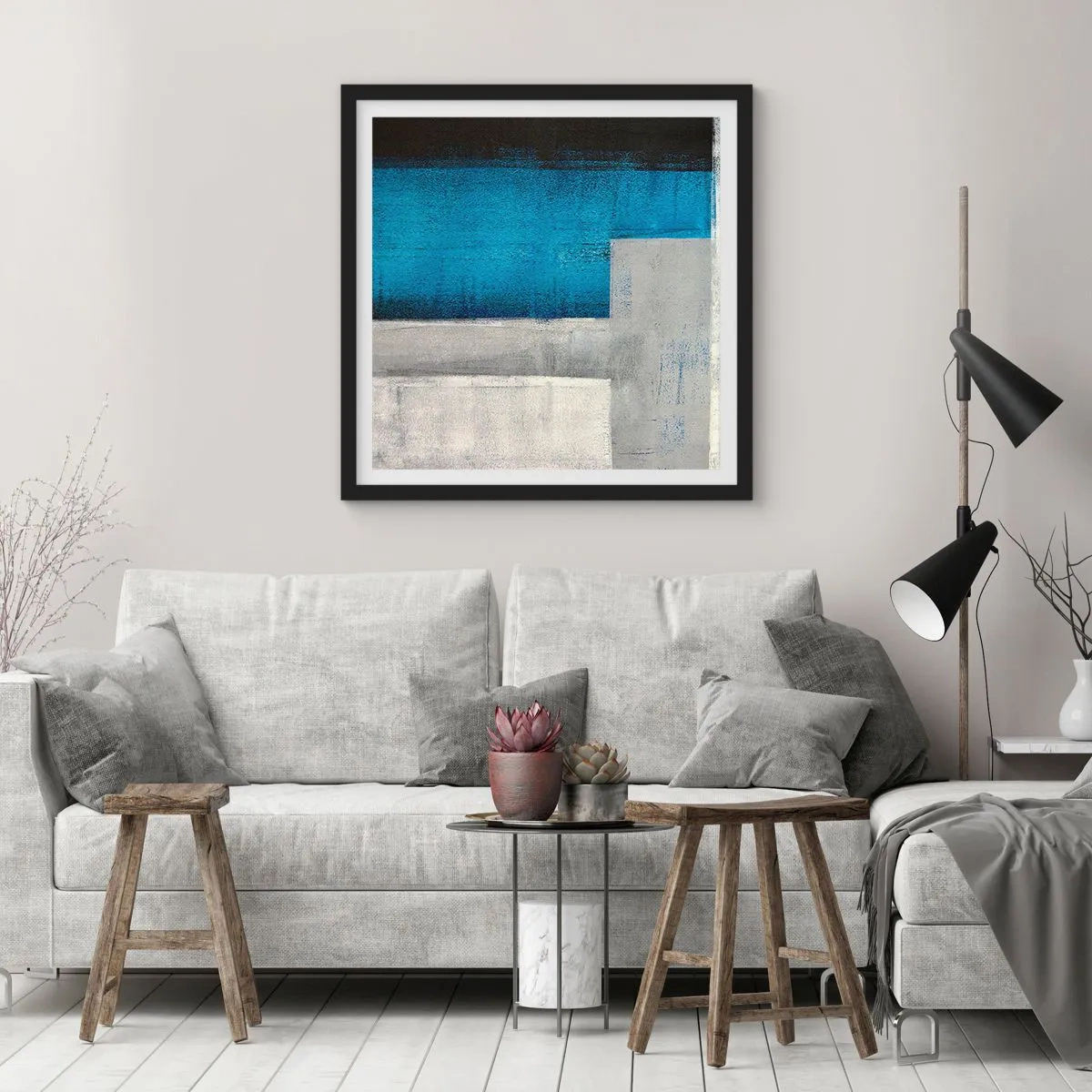 Poster în ramă neagră - Compoziție poetică de gri și albastru - 30x30 cm