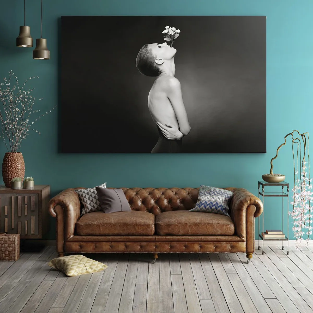 Tablou pe pânză Canvas - Siluetă alb-negru a unei femei cu o floare - 70x50cm - Eleganță excentrică - Decorațiune modernă pentru perete pentru living și dormitor ARTTOR
