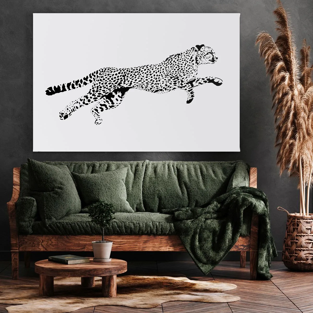 Tablou pe pânză Canvas - Grafică minimalistă a unui ghepard în mișcare - 70x50cm - Cel mai rapid de pe Pământ - Decorațiune modernă pentru perete pentru living și dormitor ARTTOR