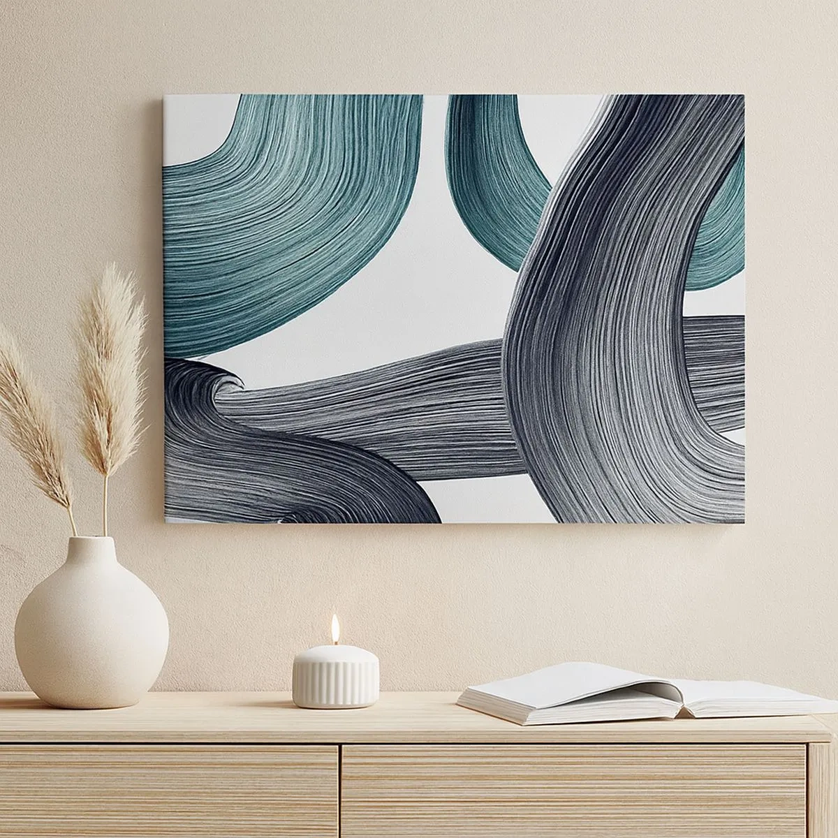Tablou pe pânză Canvas - Linii abstracte fluide în nuanțe de verde și gri - 70x50cm - Trasee de smarald și negru - Decorațiune modernă pentru perete pentru living și dormitor ARTTOR