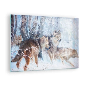 Tablou pe sticlă - Trei lupi într-o pădure de iarnă înconjurată de zăpadă - 70x50cm - Atenție! Vine... - Decorațiune modernă pentru perete pentru living și dormitor ARTTOR