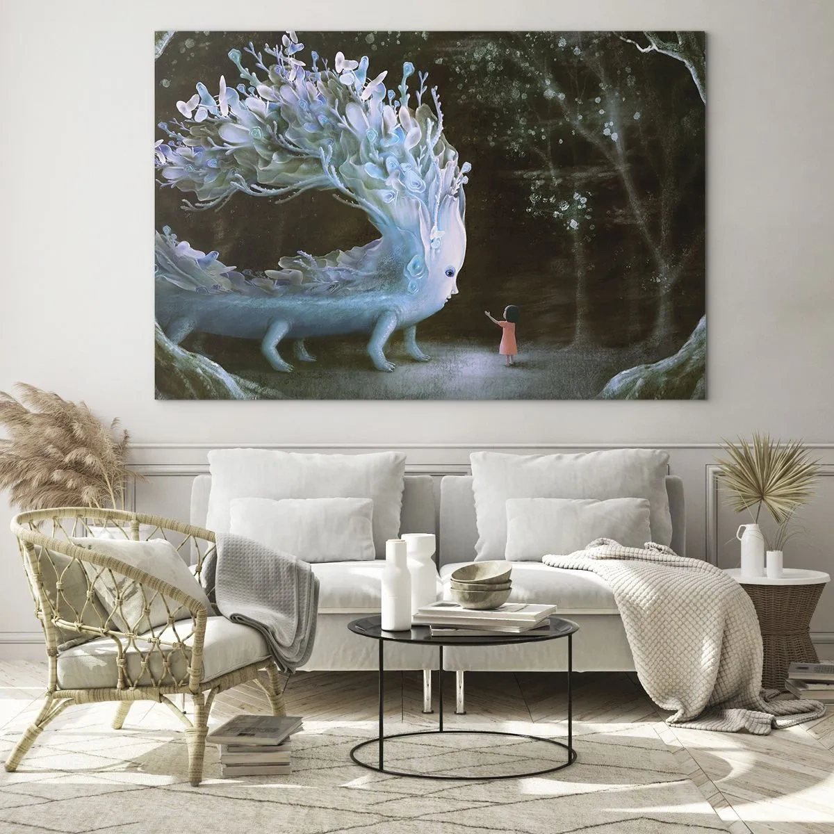 Tablou pe sticlă - O fată întâlnește o creatură magică în pădure. - 70x50cm - Întâlnire fantastică - Decorațiune modernă pentru perete pentru living și dormitor ARTTOR