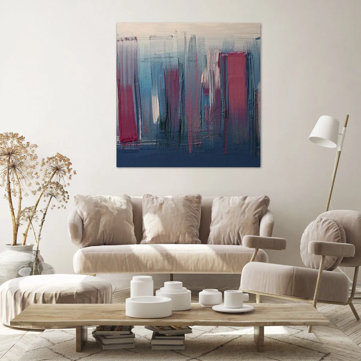 Tablou pe pânză - Compoziție verticală în albastru și roșu - 30x30 cm