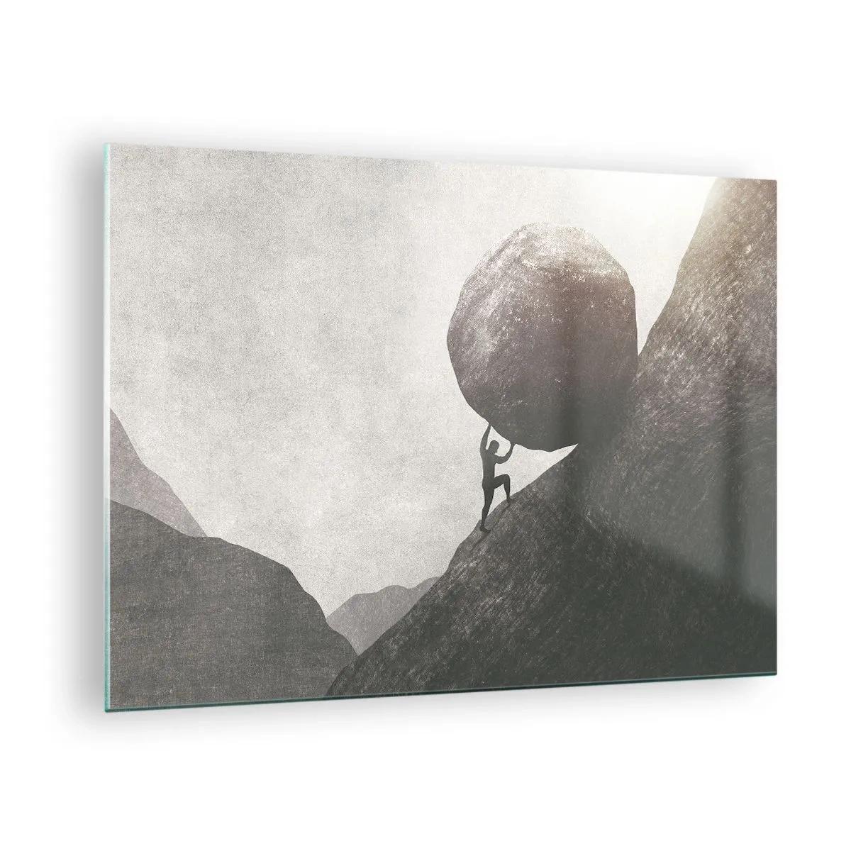 Tablou pe sticlă - O figură împingând o piatră în sus, pe un peisaj montan - 70x50cm - Cred, în ciuda așteptărilor - Decorațiune modernă pentru perete pentru living și dormitor ARTTOR