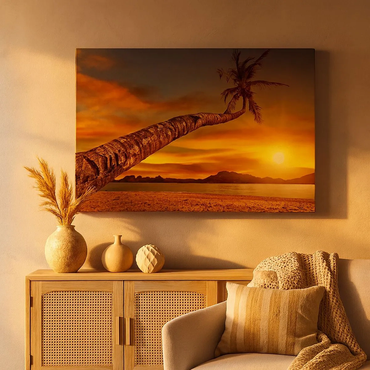 Tablou pe pânză Canvas - Palmier pe plajă la apus cu vedere la mare - 70x50cm - Vacanță exotică, aventură în Caraibe - Decorațiune modernă pentru perete pentru living și dormitor ARTTOR