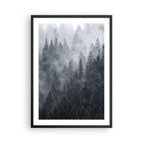 Poster în ramă neagră - O pădure încețoșată cu conifere înalți - 50x70cm - Zori de pădure - Decorațiune modernă pentru perete pentru living și dormitor ARTTOR