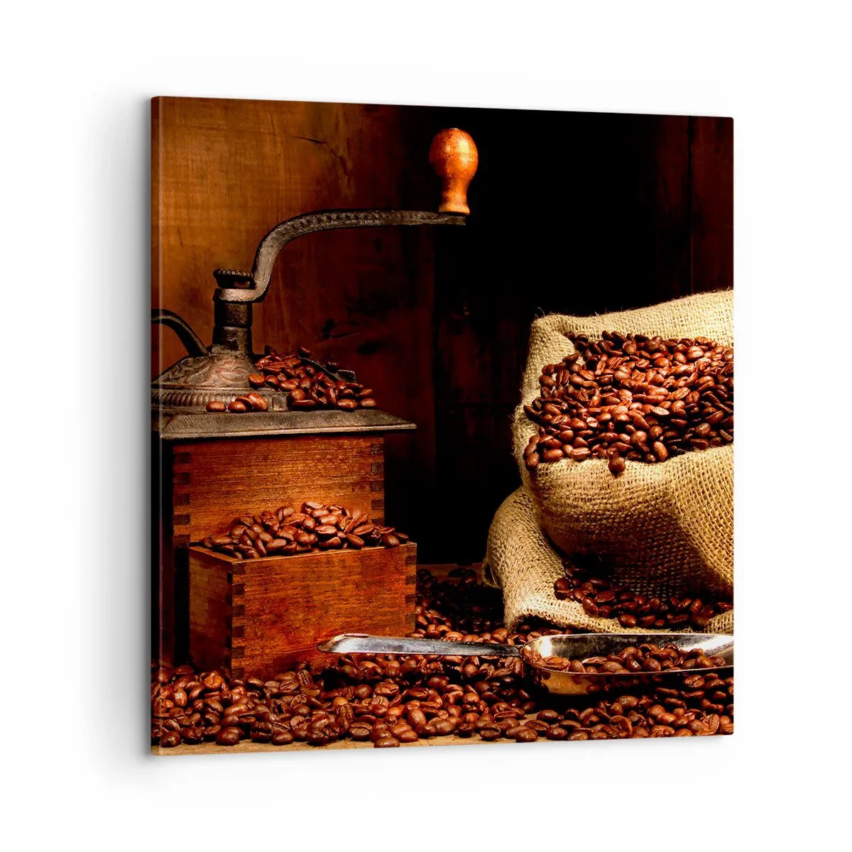 Tablou pe pânză - Natură moartă cu boabe de cafea și măcinător - 60x60 cm