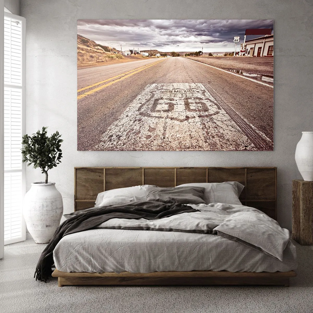 Tablou pe sticlă - Ruta 66 cu vedere la orizont - 70x50cm - Mother Road - o legendă americană - Decorațiune modernă pentru perete pentru living și dormitor ARTTOR