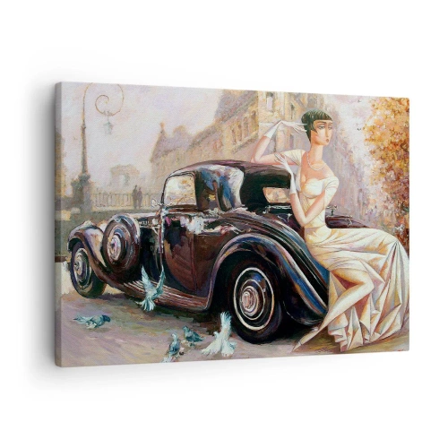 Tablou pe pânză Canvas - Femeie retro lângă mașină clasică - 70x50cm - Eleganță retro - Decorațiune modernă pentru perete pentru living și dormitor ARTTOR
