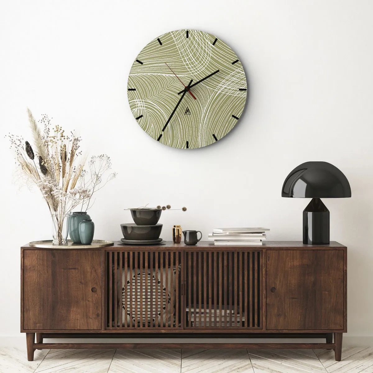 Ceas de perete - Ceas pe sticlă - Abstracție complicată în alb - 30x30 cm