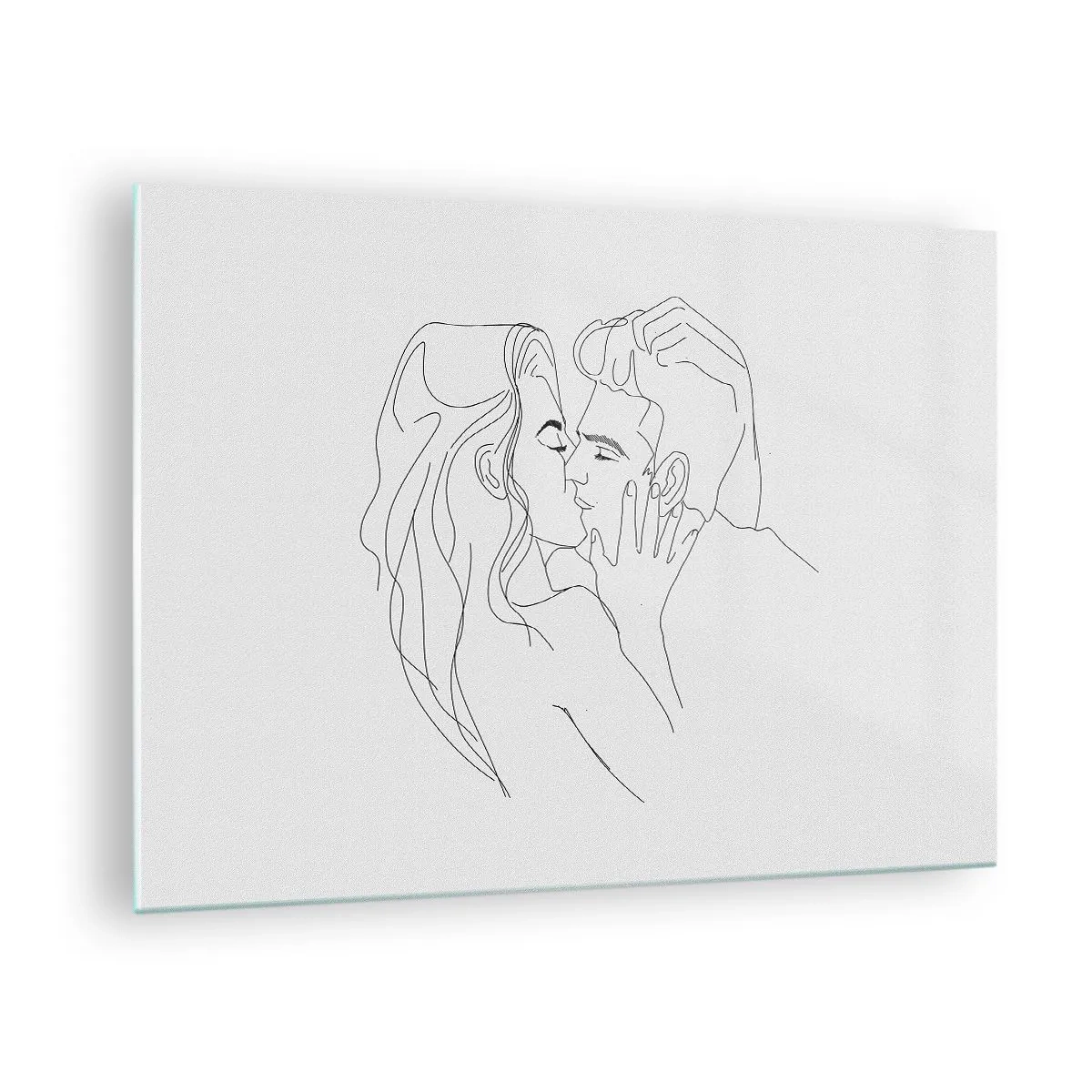 Tablou pe sticlă - Un desen minimalist al unui cuplu într-un sărut romantic - 70x50cm - Cu aceeași linie - Decorațiune modernă pentru perete pentru living și dormitor ARTTOR