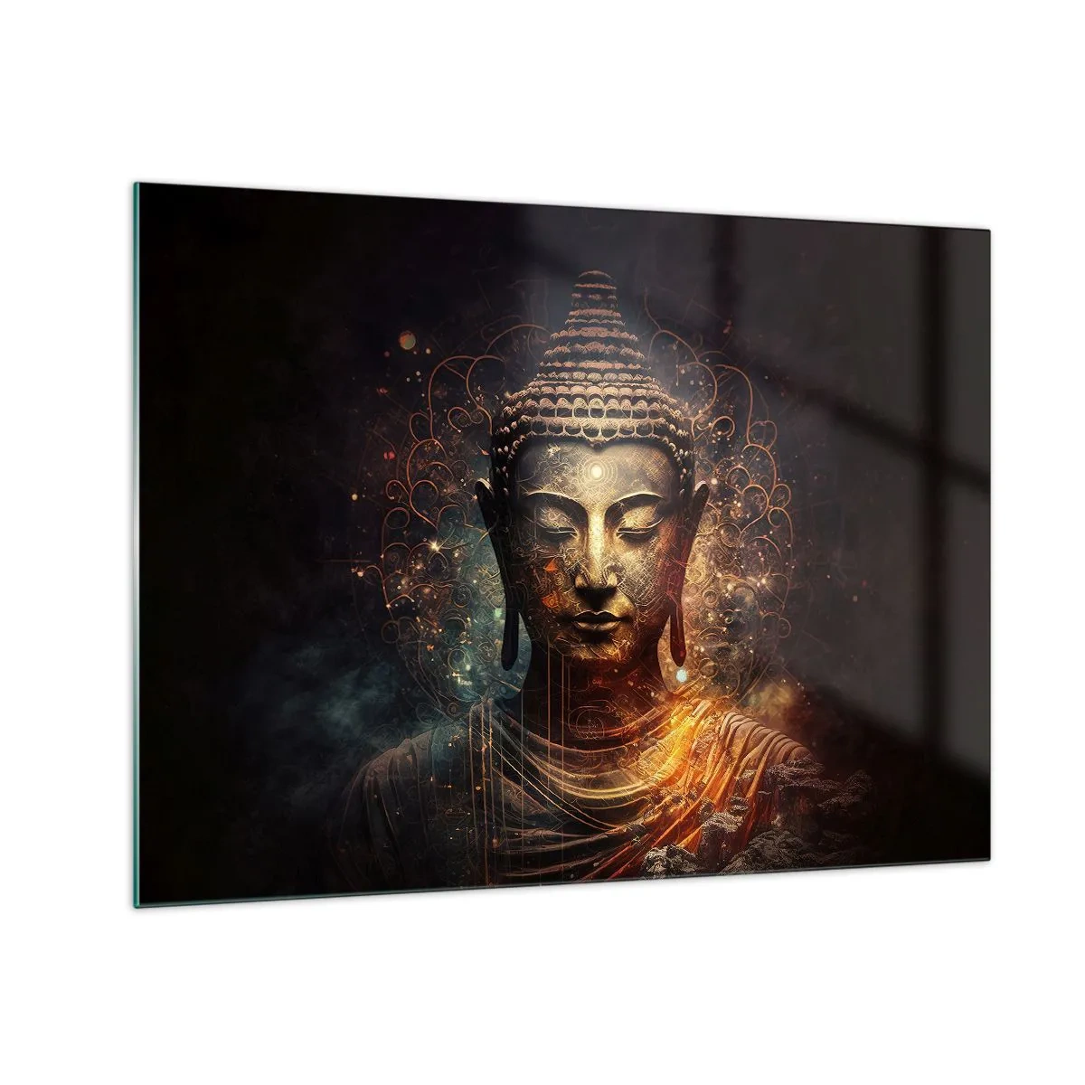 Tablou pe sticlă - O figură aurie a lui Buddha pe un fundal întunecat cu ornamente - 70x50cm - Echilibru spiritual - Decorațiune modernă pentru perete pentru living și dormitor ARTTOR